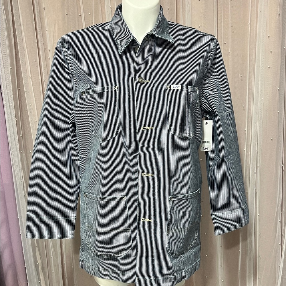 Lee Men's Navy & White Striped Lightweight Shirt Jacket Chore Coat Large Hickory